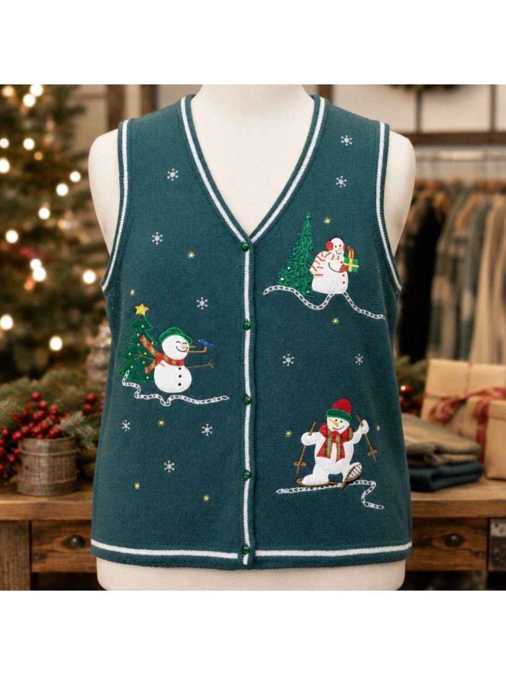 White Stag Womens XL Sweater Vest Vintage Green Snowman Christmas 16 18 Ugly - Picture 2 of 7